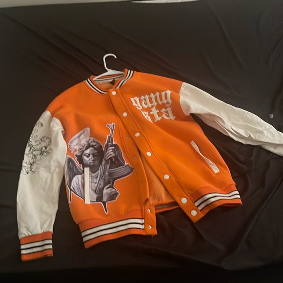 Fashionable Orange and White Varsity Jacket For Men - Picture 1 of 3